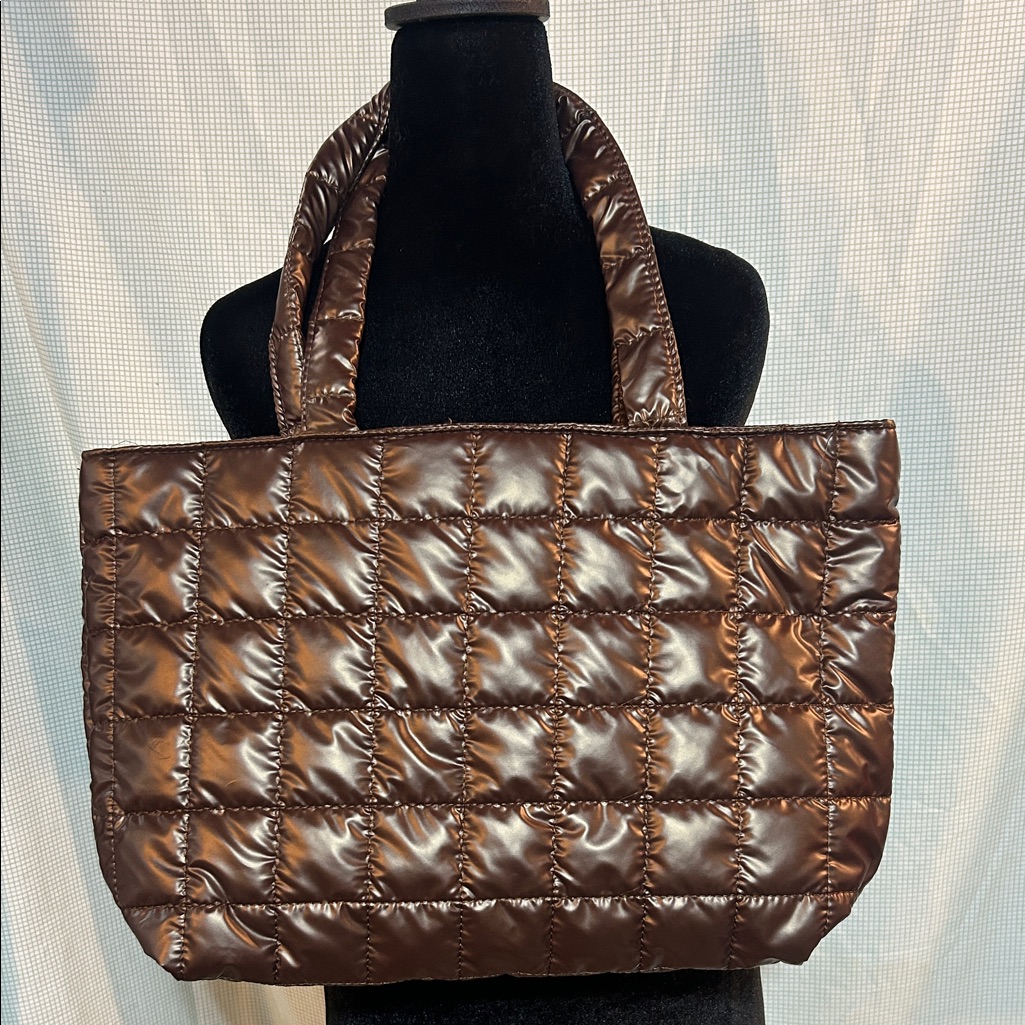 Quilted Puffy Metallic Brown Tote Bag-New